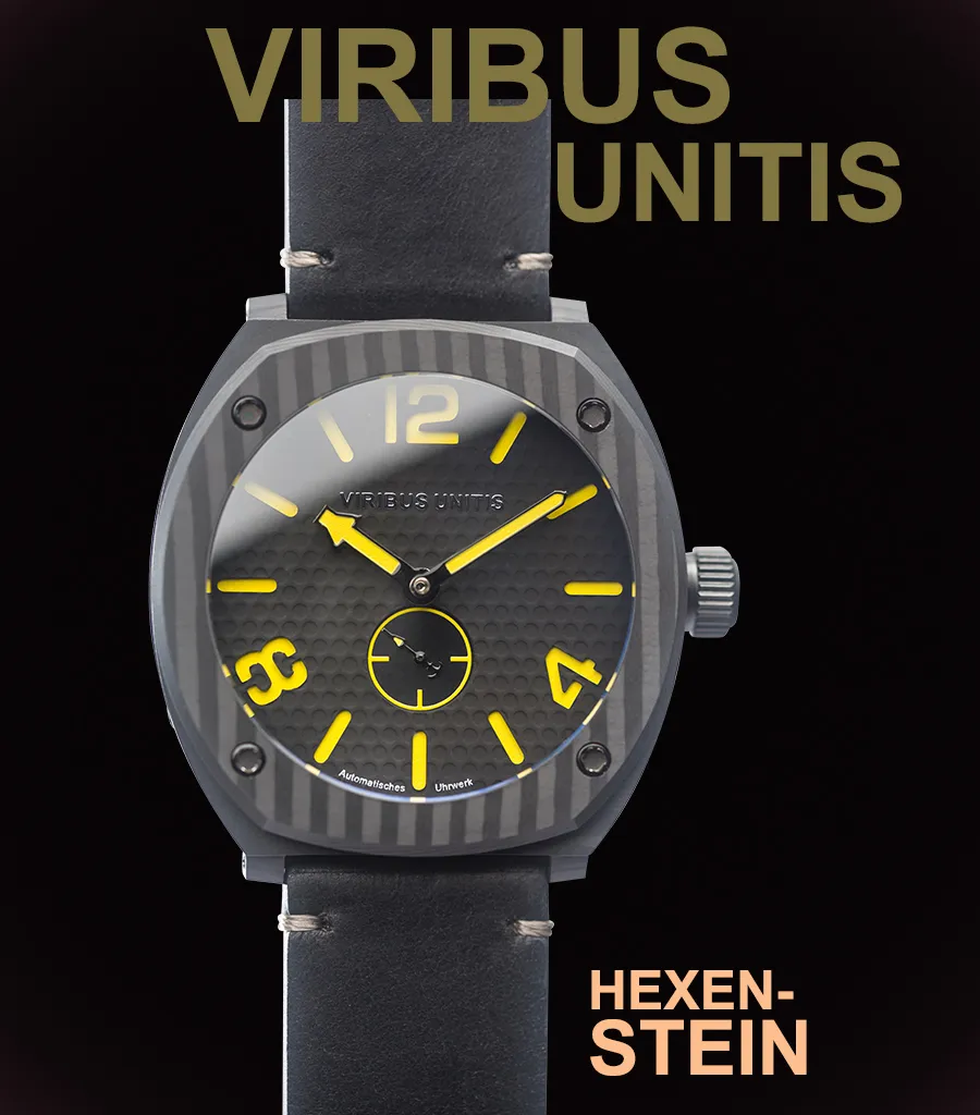 Viribus Unitis Hexenstein, black carbon case, black dial with yellow lume, on black leather strap