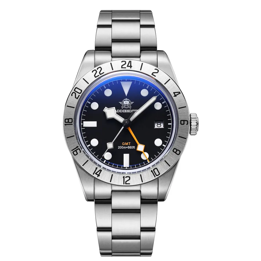Addiesdive AD2035 with black dial, white lume and steel 24-hour bezel on a three-link bracelet