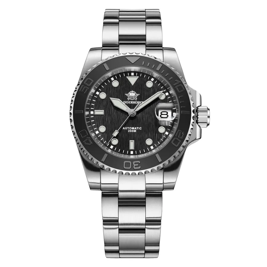 Addiesdive AD2087 with textured black dial and black ceramic bezel on a three-link steel bracelet