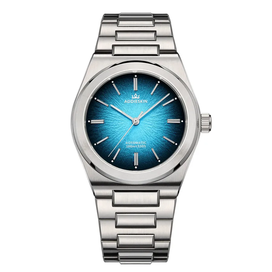 AddiesKIN K001 with textured turquoise-blue gradient dial on its integrated steel bracelet