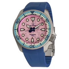 Islander Sands Point titanium diver with pink shell dial and two-tone sapphire bezel on blue rubber strap
