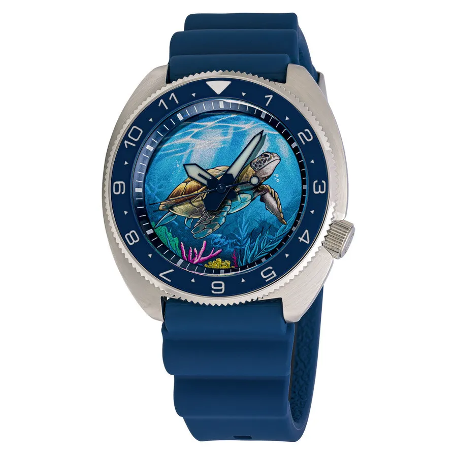 Islander Automatic Turtle Dive Watch ISL-301 with sterile painted sea turtle dial, blue 12-hour bezel and blue rubber strap
