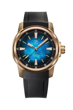 Zelos Aurora Field 38mm in bronze, teal fumé mother-of-pearl dial, on black rubber strap