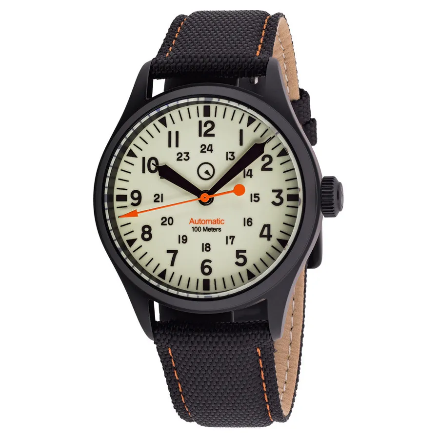 Islander Mitchel field watch with full-lume dial and black hands in a black DLC case