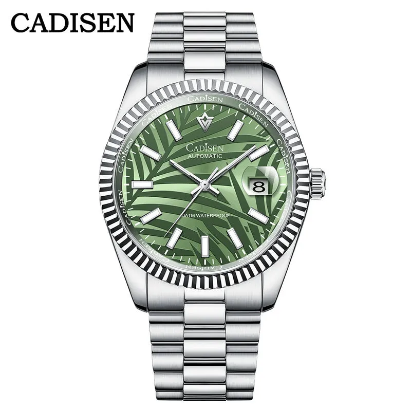Cadisen C8198 Palm automatic with olive green palm-leaf dial, fluted bezel and date at 3 on a three-piece steel bracelet