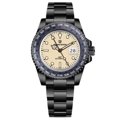Pagani Design PD-1758 GMT with cream dial and blue bezel in a black-coated case and bracelet