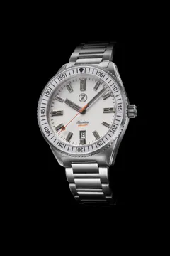 Zelos Blacktip 200m Diver Frost, fully lumed white dial and white lumed sapphire bezel, on steel bracelet