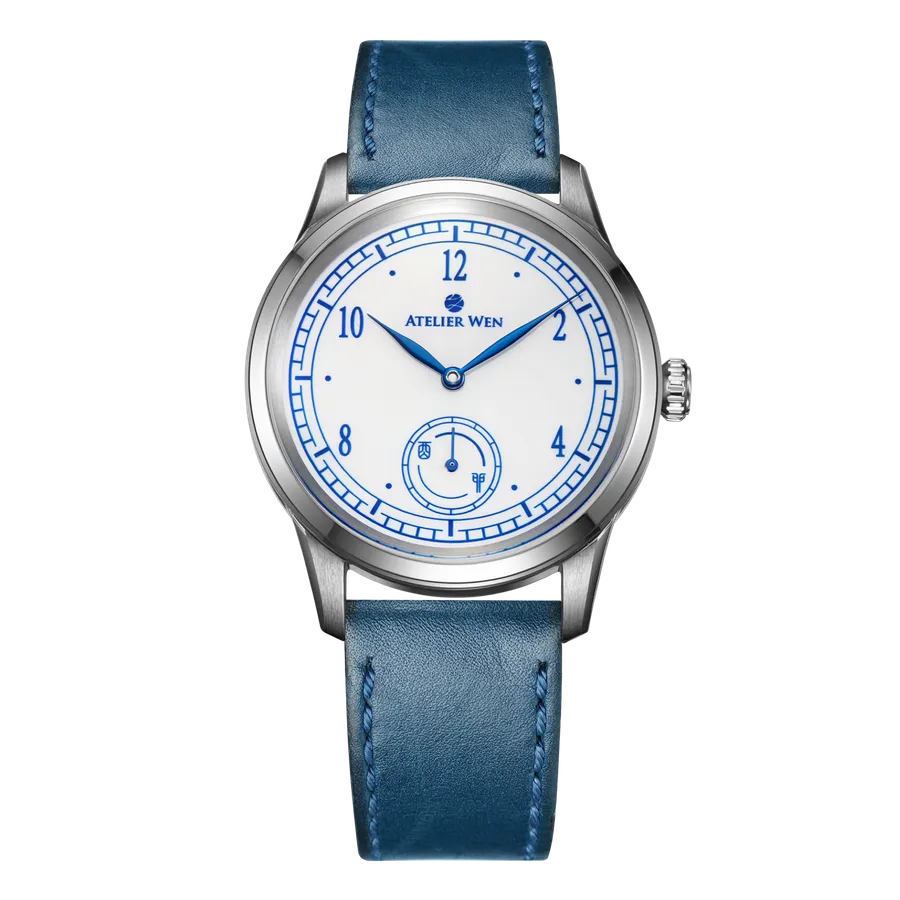 Atelier Wen Porcelain Odyssey Hao, white porcelain dial with blue markings and small seconds, on blue leather strap