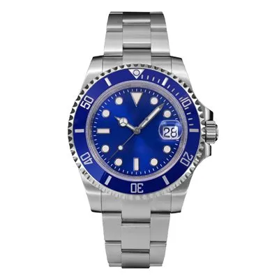 San Martin SN019-G with blue sunburst dial, blue ceramic bezel and date with cyclops on steel bracelet