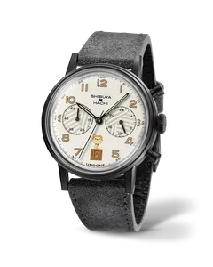 Undone x Shibuya Hachi Pawfect Black chronograph with black-coated case and cream dial with Hachi at 6 on a dark grey suede strap