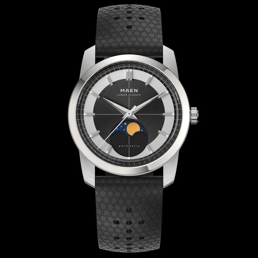 MAEN Lunar Classic 36 M7.1.4 with graphite dial and moonphase on black tropic strap