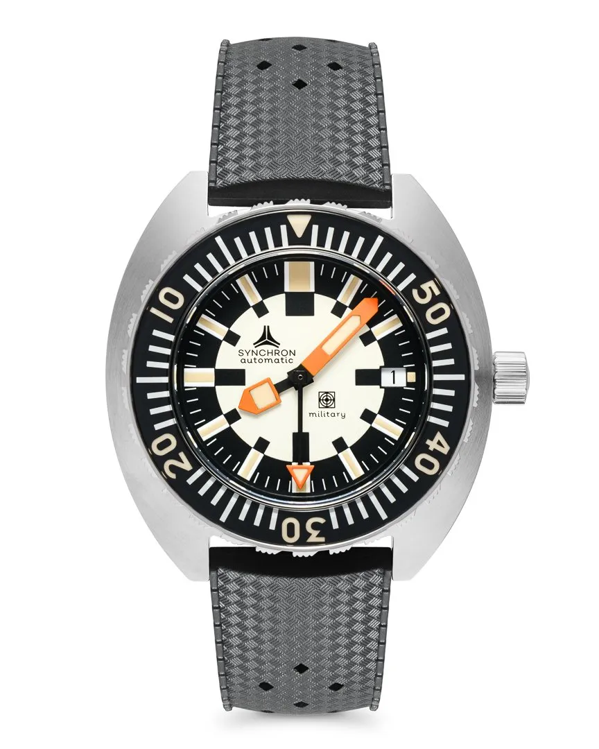 Synchron 70's Military, steel case, cream and black sector dial, on grey Tropic strap