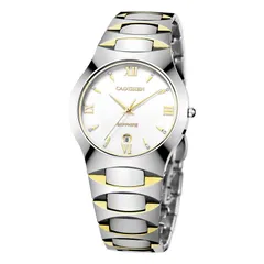 Cadisen C5053 with white dial, gold Roman numerals and date at 6 on a tungsten bracelet with gold-tone accents