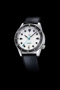 Zelos Mako V3 300m in steel, fully lumed white dial, black ceramic bezel, on tropic rubber strap