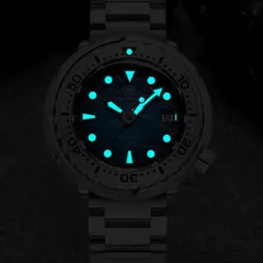Addiesdive AD2509 lume shot, hands, indices and bezel pip glowing blue
