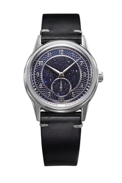 Zelos Nova 37mm Aventurine, aventurine centre with guilloché outer ring, on black leather strap