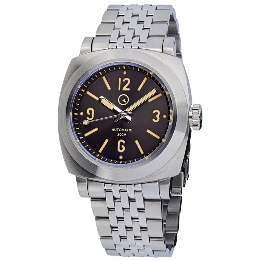 Islander ISL-80 cushion-case dive watch with black sandwich dial and beads-of-rice bracelet
