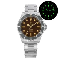 Watchdives WD5513M no-date with tropical brown dial and grey bezel on the rivet bracelet, with lume shot