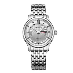 Cadisen C6128 quartz day-date with white dial and Roman numerals on a steel bracelet