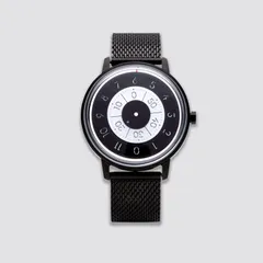 Anicorn Series K452 Dawn in black with black and white discs on a black Milanese bracelet