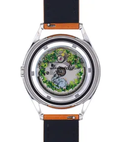 Mr Jones Starcatcher display caseback printed with a sleeping hare over the automatic movement