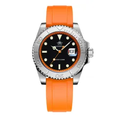 Addiesdive AD2040 with orange chapter ring and polished steel bezel on an orange rubber strap