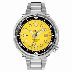 Heimdallr HMSG11 Tuna Can with yellow dial on steel bracelet