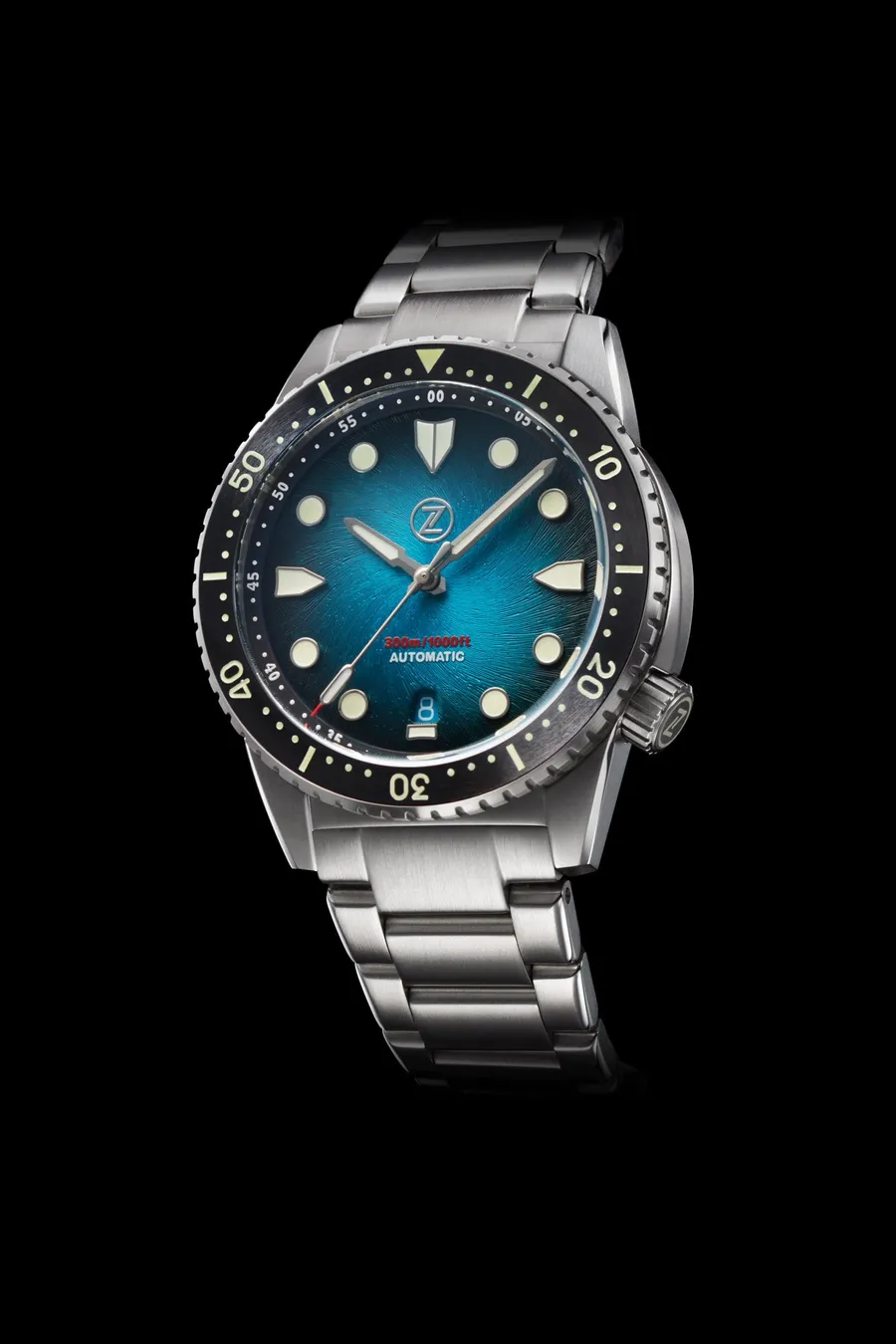 Zelos Mako V3 300m in steel, teal fumé dial, black ceramic bezel, on steel bracelet