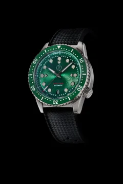Zelos Mako V2 500m Diver in steel, green dial, green ceramic bezel, on tropic rubber strap