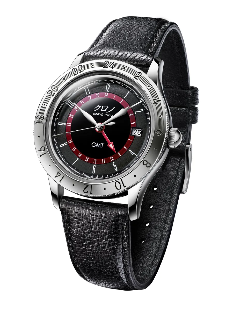 Kurono Tokyo GMT 1 with black, grey and red dial on black leather strap
