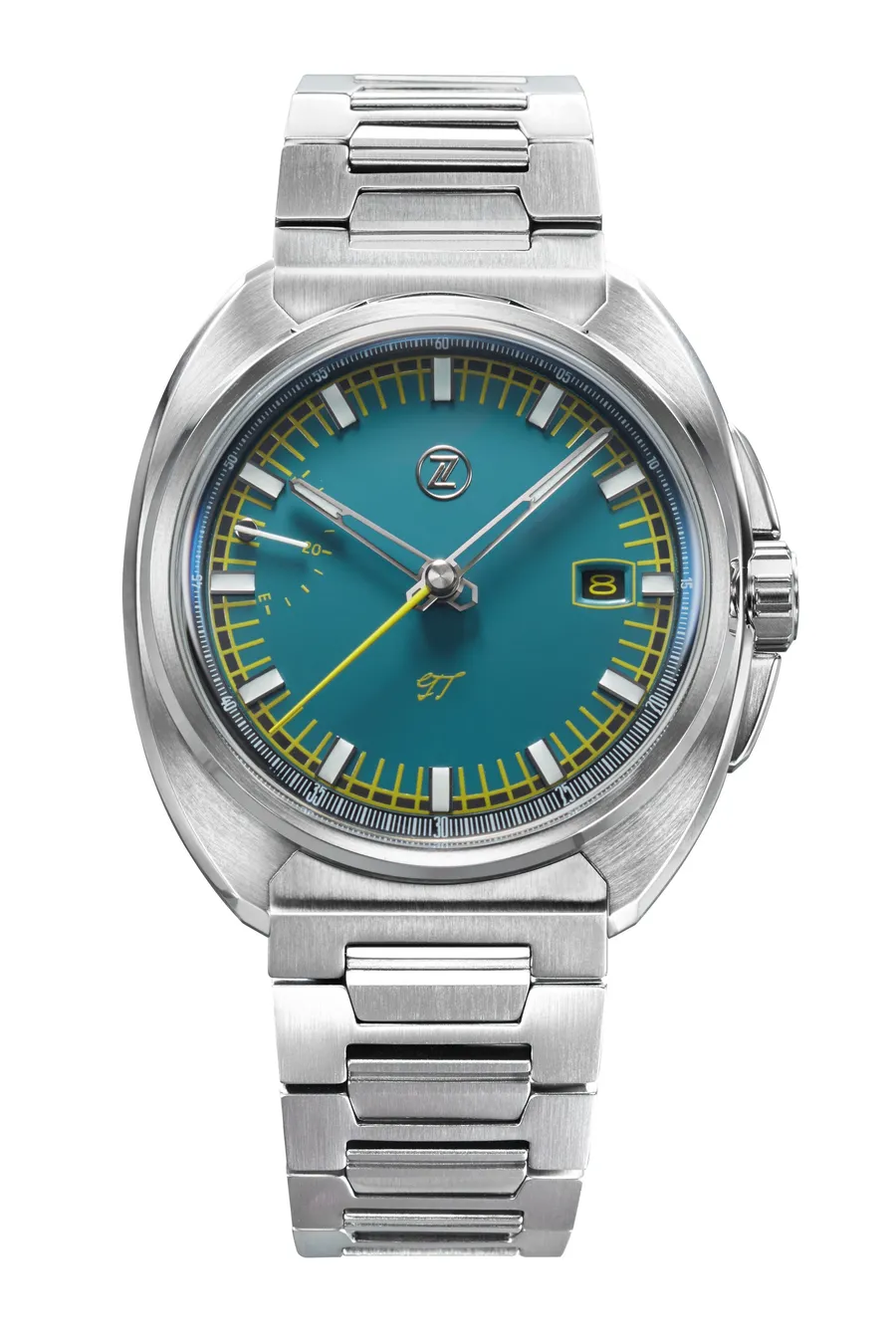 Zelos GT 40mm Verdant, steel cushion case, green dial with yellow accents and power-reserve gauge at 9, on steel bracelet
