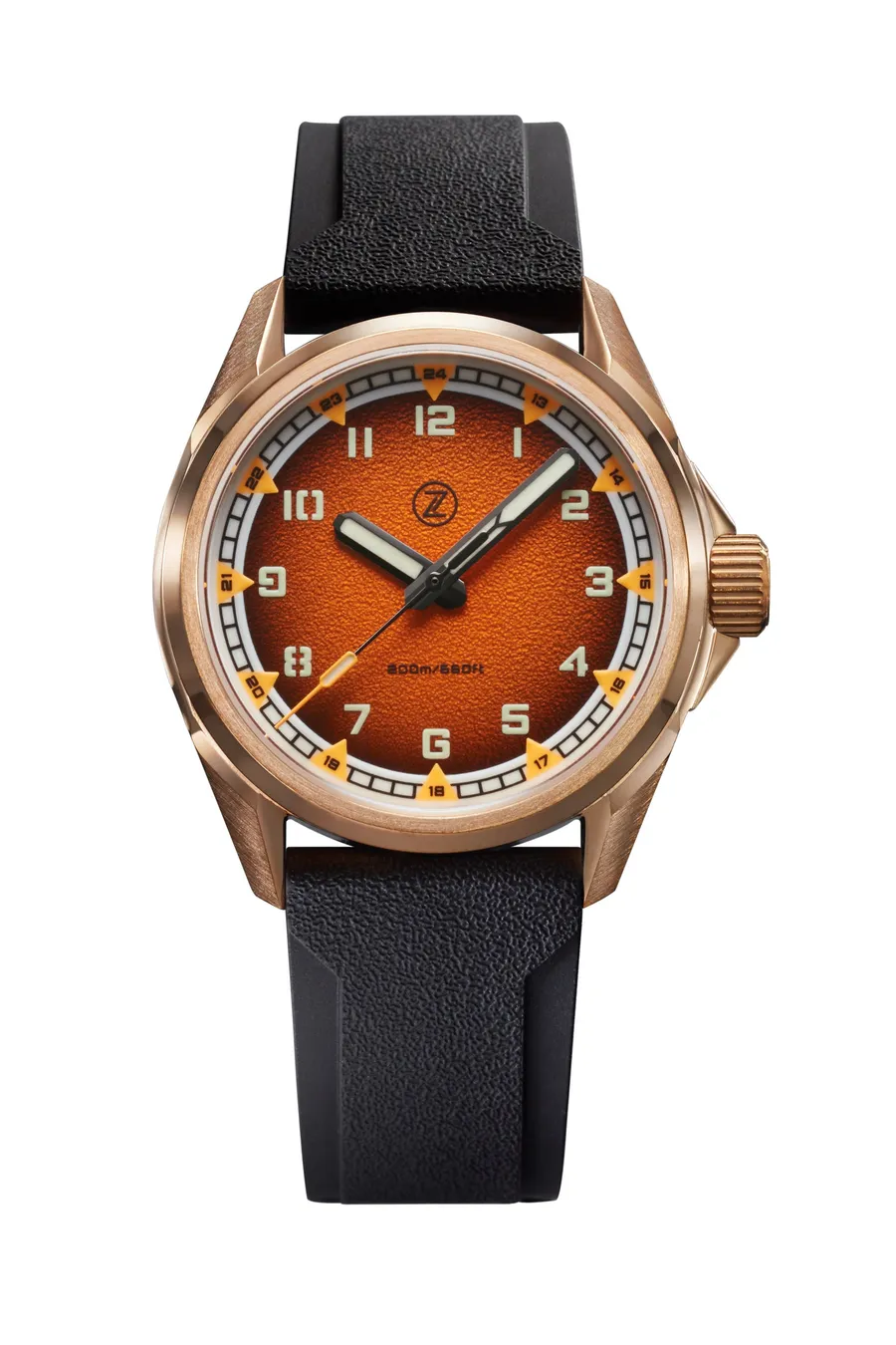 Zelos Swordfish Field 38mm in bronze, orange fumé dial, on black rubber strap