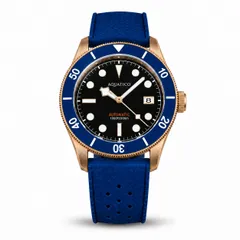 Aquatico Bronze Raider with blue ceramic bezel and date, on blue rubber strap