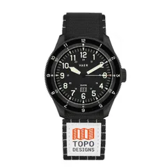 Vaer x Topo Designs x Worn & Wound DS4 Solar Hiker 38mm, black-coated case, on a Topo hook-and-loop strap
