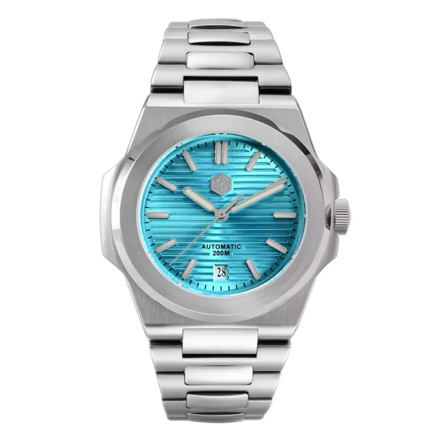 San Martin SN0076G with light blue striped dial and date on integrated bracelet