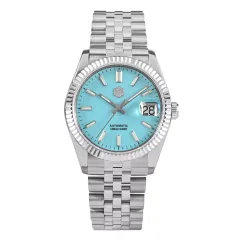 San Martin SN058-G-X 36.5mm with enamel light blue dial, fluted bezel and cyclops date on jubilee bracelet