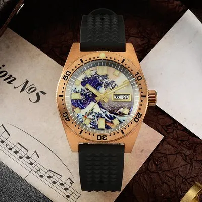 San Martin SN007-Q1 bronze with Great Wave off Kanagawa dial and day-date on black rubber strap