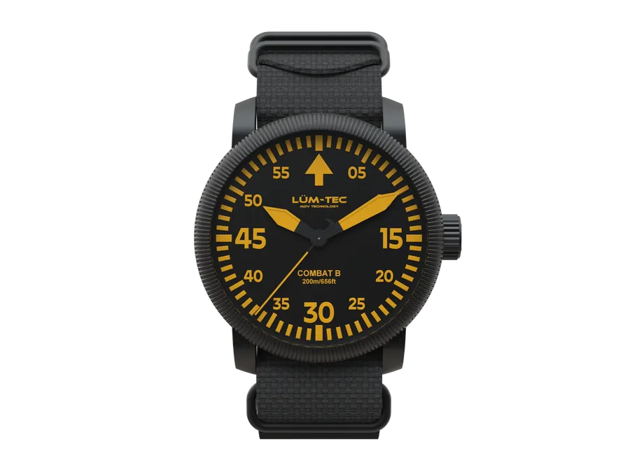 Lüm-Tec Combat B71, black dial with orange markings, black case, front view