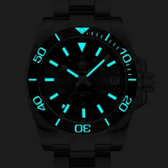 Addiesdive AD2504 black version lume shot, dial and bezel scale glowing blue