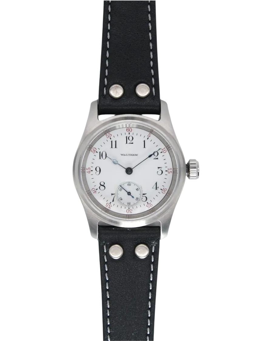 Bernhardt Manifest Architect 3194, white enamel Waltham dial with red minute numerals, on riveted black leather strap