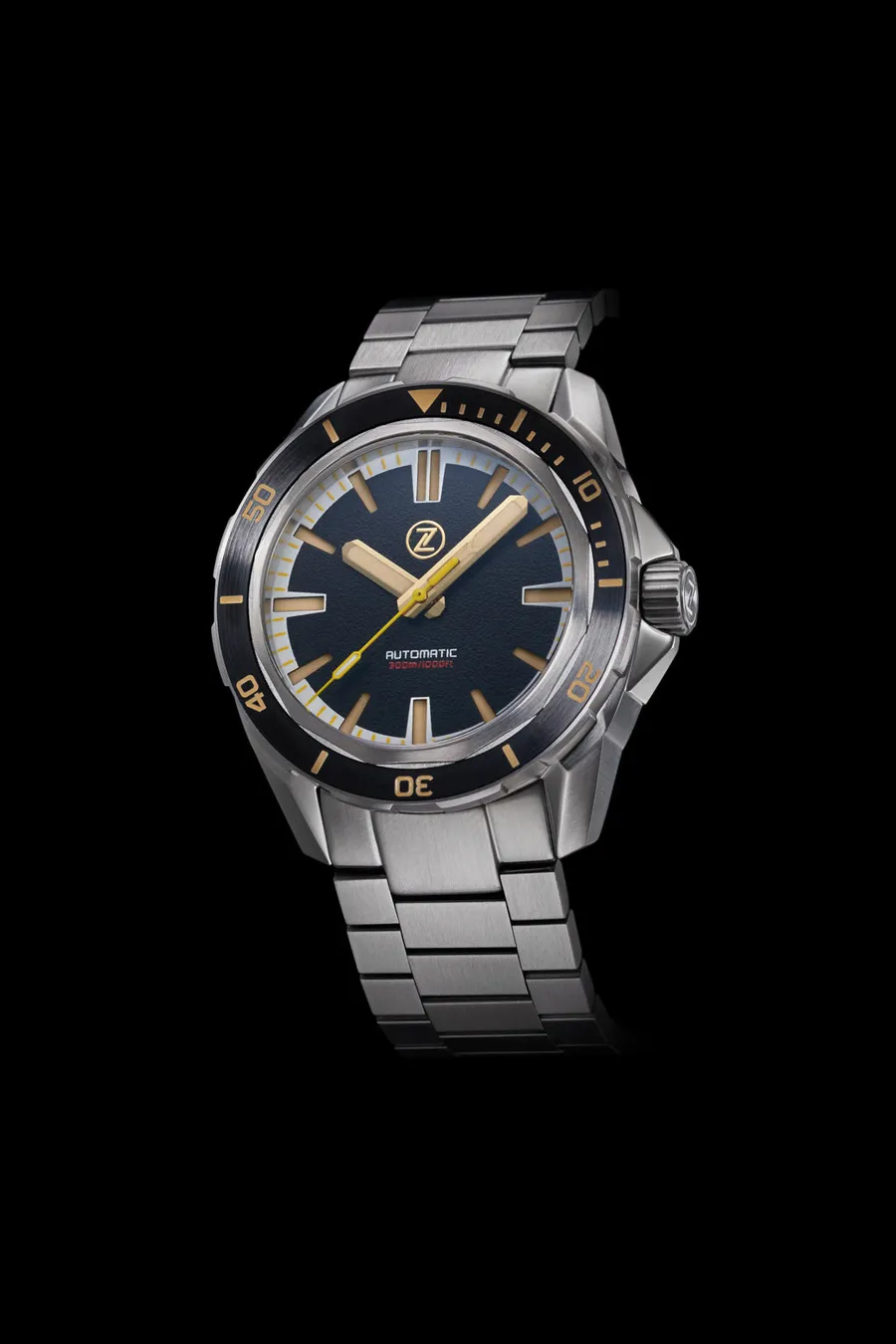Zelos Swordfish 300m Diver NH35, black sand dial with gold hands, black ceramic bezel, on steel bracelet