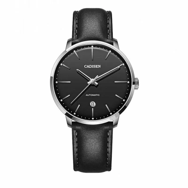 Cadisen C8163 automatic with black dial, long baton markers and date at 6 in a steel case on a black leather strap