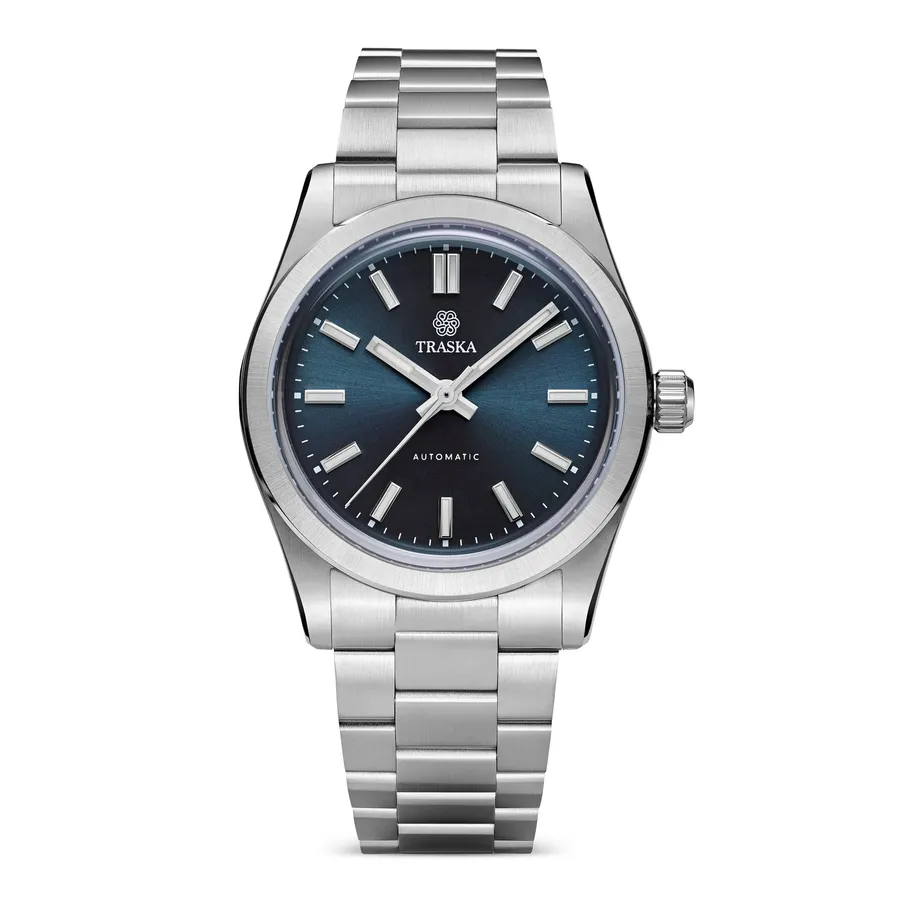 Traska Commuter 34, blue sunburst dial, on bracelet, front view
