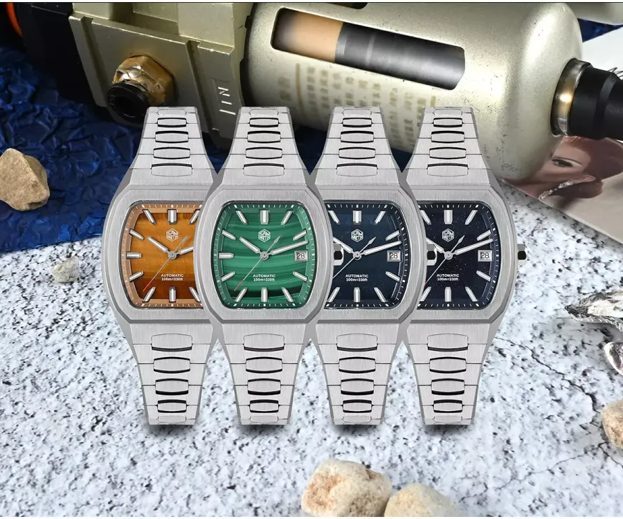 San Martin SN0145-G in all four stone dials (tiger eye, malachite, hawkeye, aventurine) on bracelets