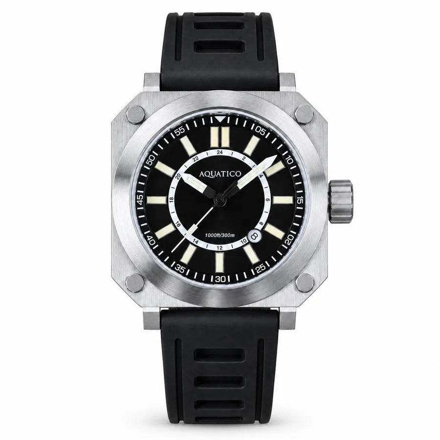 Aquatico Ironblock Tritium square steel watch with black dial and date, on black rubber strap