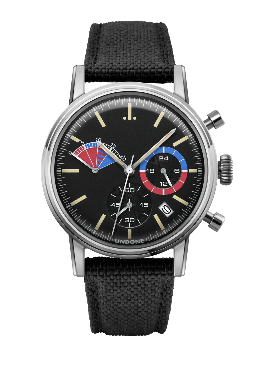 Undone Urban Clubman chronograph with black dial, red, blue and cream registers and polished bezel on a black Cordura strap