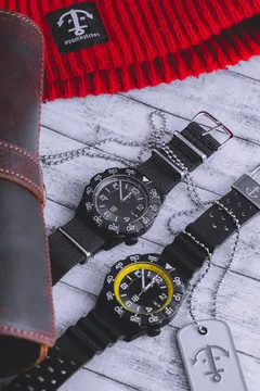Pook Torni M-24 in black and yellow, two watches on black straps