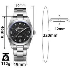 Addiesdive AD2096 with the brand's dimension callouts (36mm, 46mm, 12mm, 19mm, 112g)