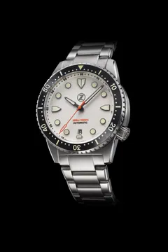 Zelos Mako V3 300m in steel, fully lumed white dial, black bezel, on steel bracelet