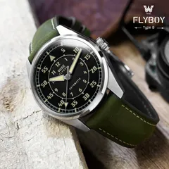 Wise Flyboy Type B FLB-01 in 904L steel, black dial with cream old radium numerals, on green leather strap